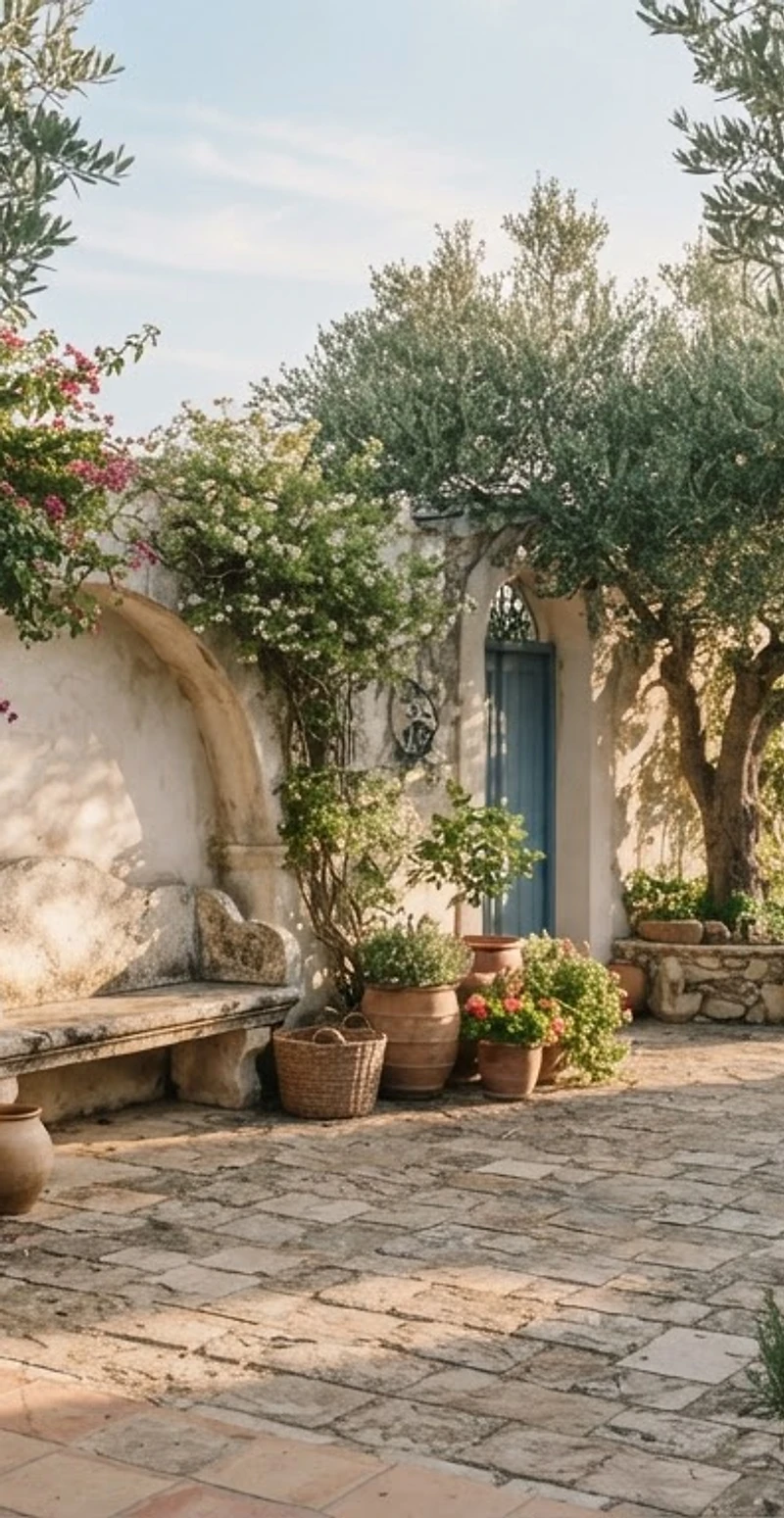 Quiet garden courtyard with olive trees and a stone bench