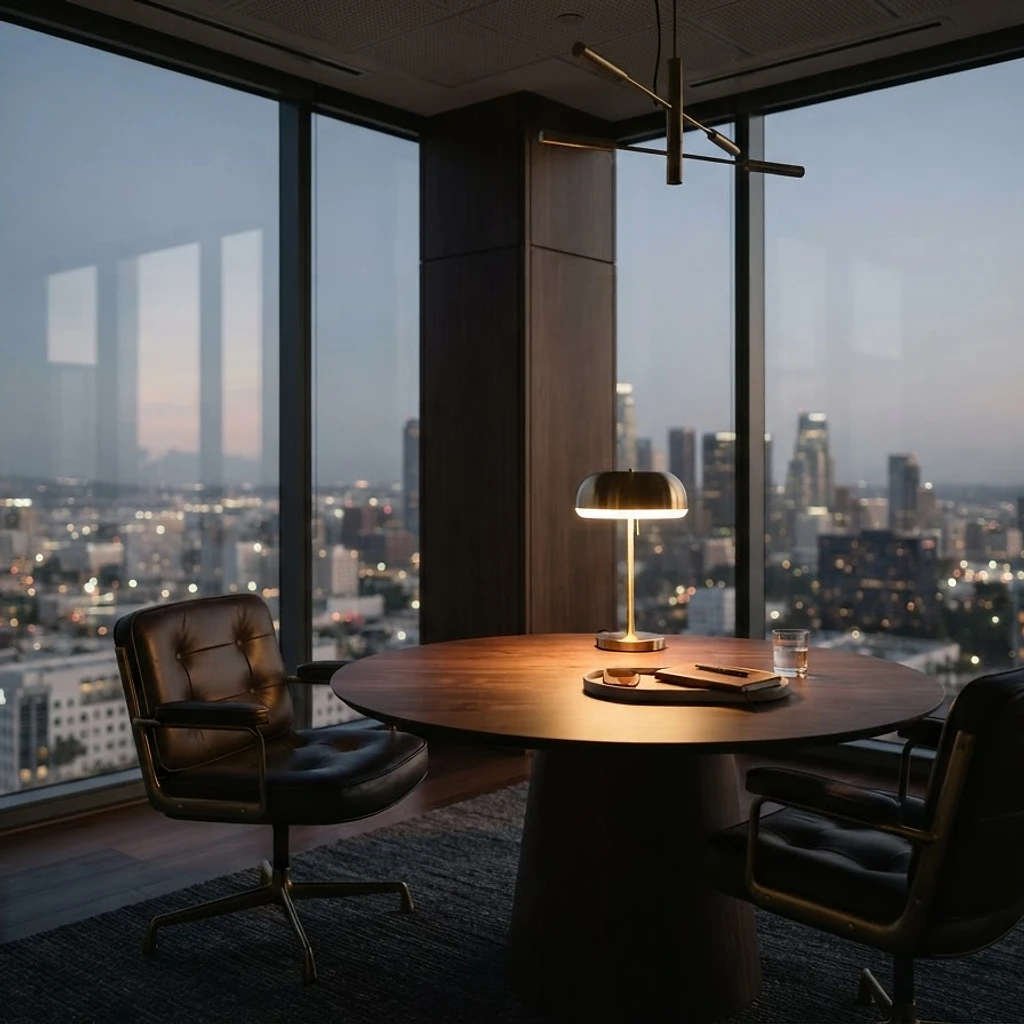 Quiet boardroom with warm lamp light at dusk