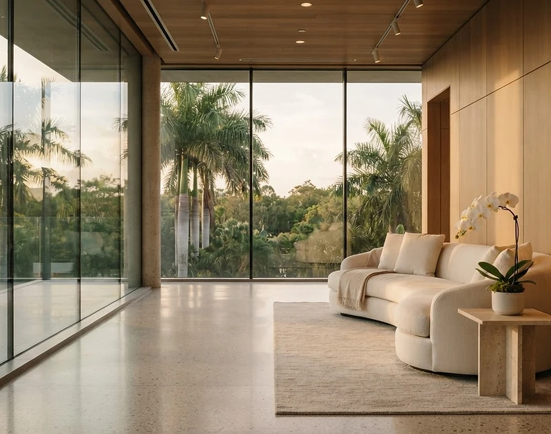 Sunlit, quiet lounge with a linen sofa and a white orchid
