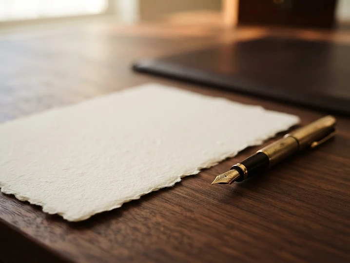 Ivory paper and a gold fountain pen resting on a walnut desk in soft morning light