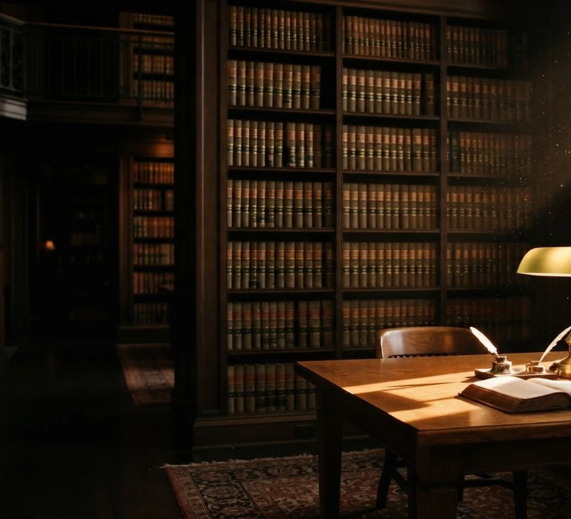 A quiet law library in warm afternoon light, with shelves of leather-bound volumes, a wooden reading table, and a brass lamp