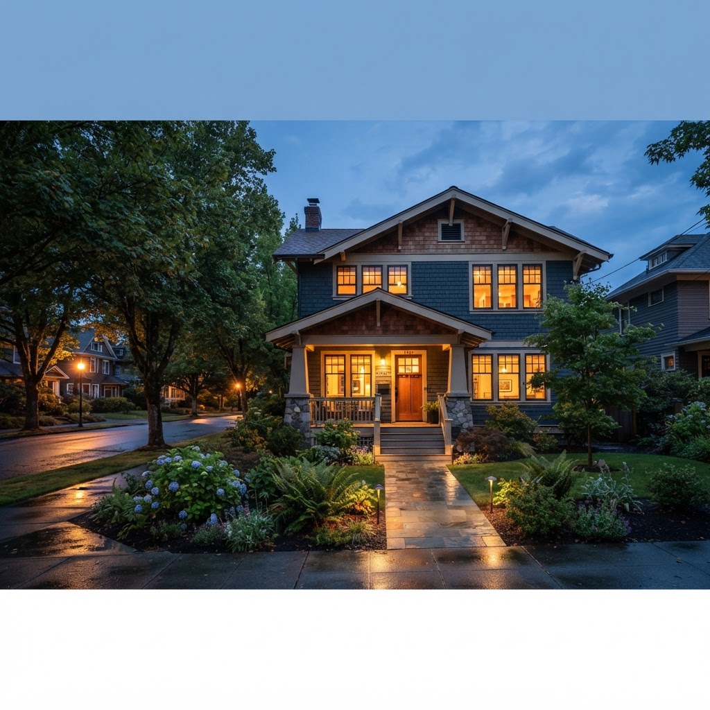 A renovated co-living house at dusk