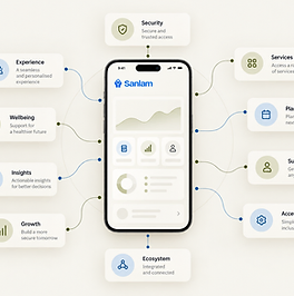 Sanlam ecosystem map: mobile app at the centre connected to security, services, planning, support, accessibility, ecosystem, growth, insights, wellbeing and experience