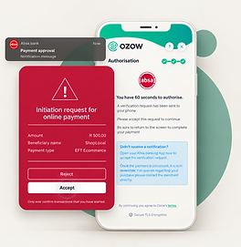 Absa payment approval flow: in-app initiation request to accept or reject an online payment, alongside the Ozow authorisation screen