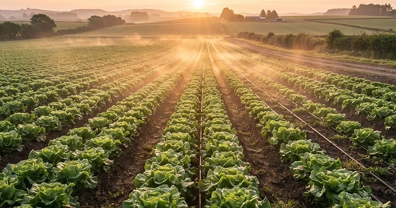 Morning light on rows of leafy green crops with irrigation mist