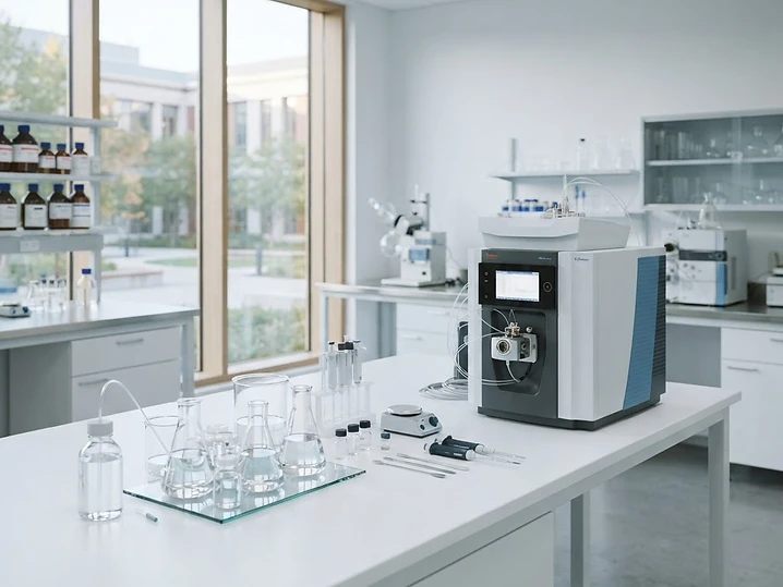 A bright, immaculate laboratory bench with glassware and a mass spectrometry instrument