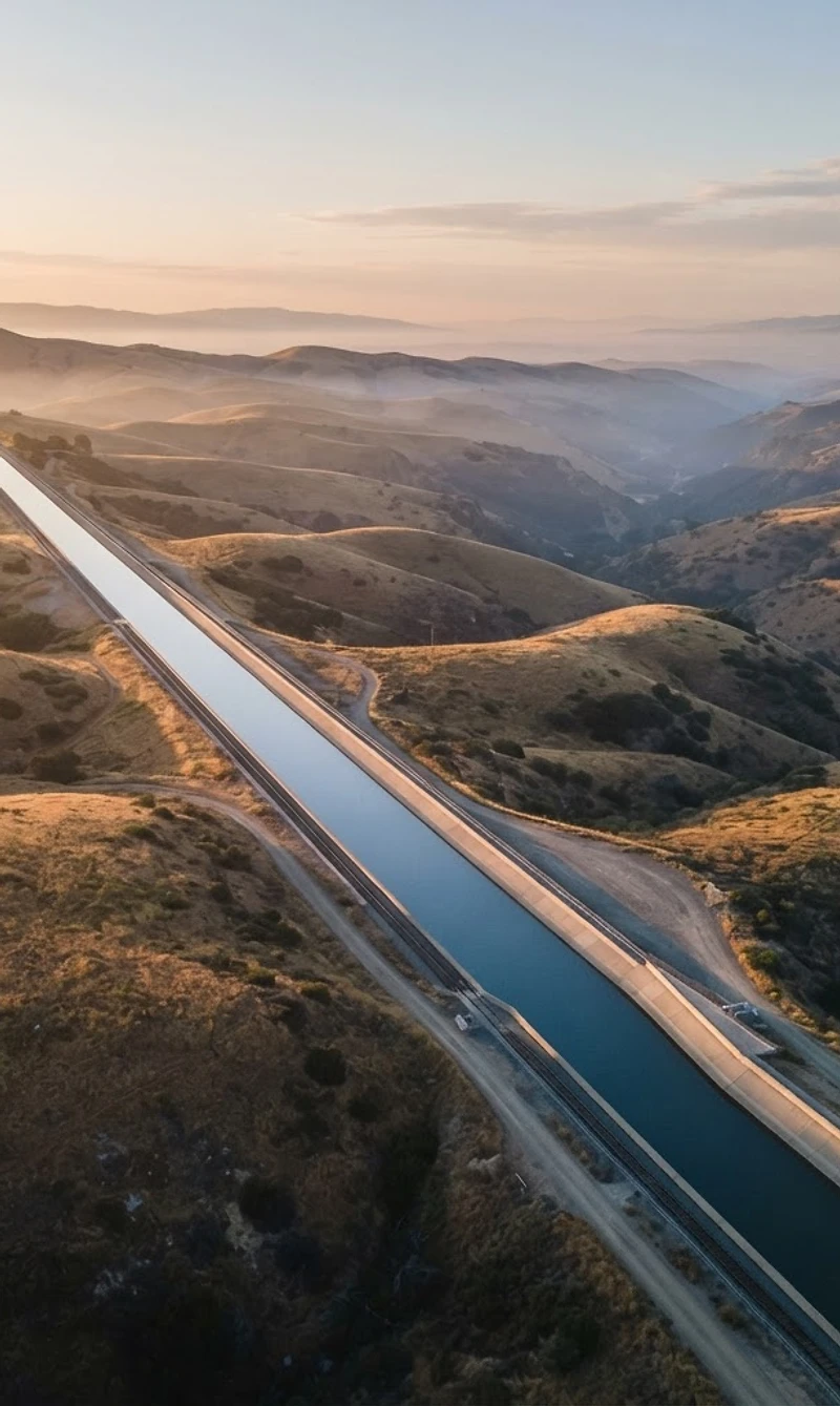 Aerial view of an aqueduct cutting through golden California hills at dawn