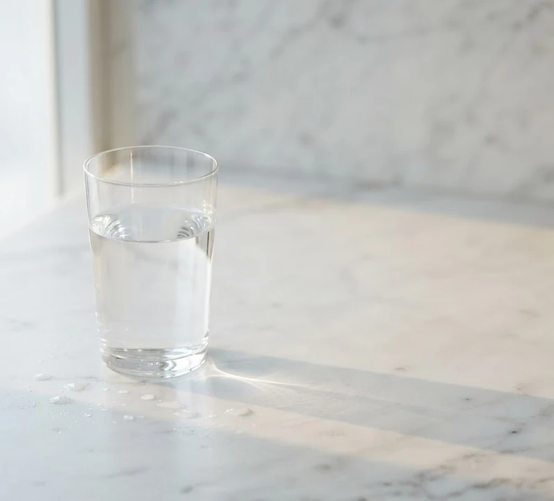 A single glass of clear water on a white marble surface in soft morning light