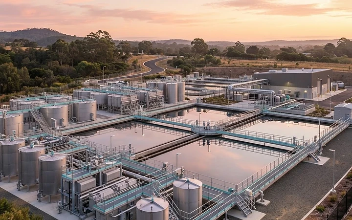 A modern water treatment facility at dawn