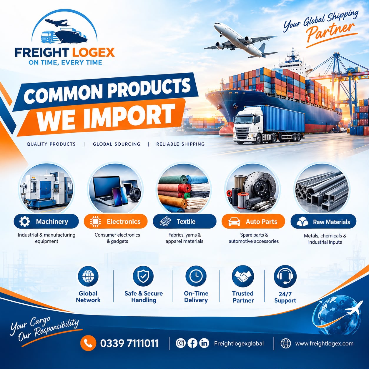 Freight Logex کی عام درآمدی اشیاء: مشینری، الیکٹرانکس، ٹیکسٹائل، آٹو پرزے، خام مال۔
