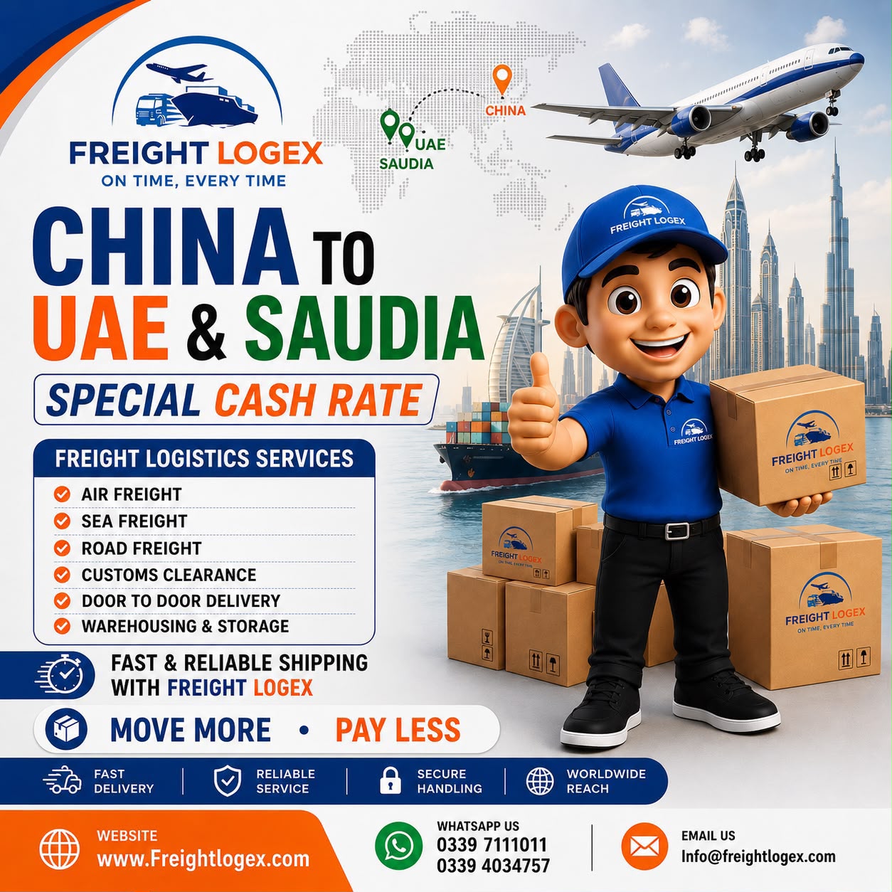 Freight Logex چائنا سے UAE اور سعودی عرب تک شپنگ خدمات: ایئر فریٹ، سی فریٹ، روڈ فریٹ، کسٹمز کلیئرنس، ڈور ٹو ڈور ڈیلیوری اور ویئر ہاؤسنگ۔