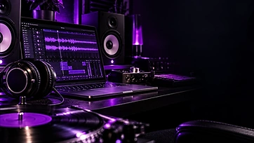 Modern audio production workstation with a laptop waveform and studio headphones.