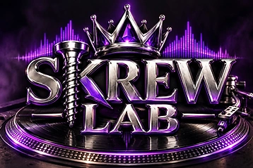SKREW LAB turntable logo artwork with chrome crown and purple equalizer glow.