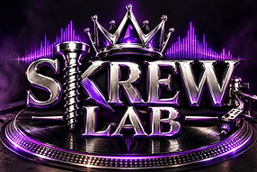 Skrew Lab crown and chrome lettering over a purple turntable