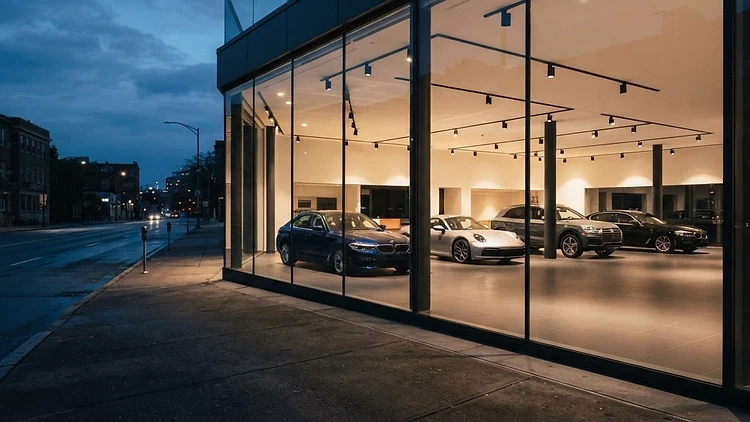 A dealership showroom seen through the windows at dusk