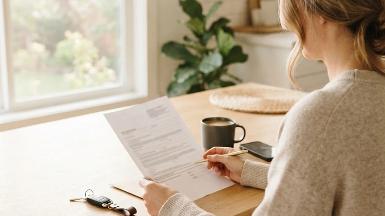 Reviewing a dealer's quote at a kitchen table