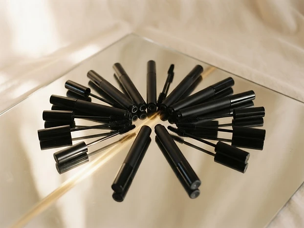 Unbranded black mascara tubes on a mirrored surface with a gold reflection
