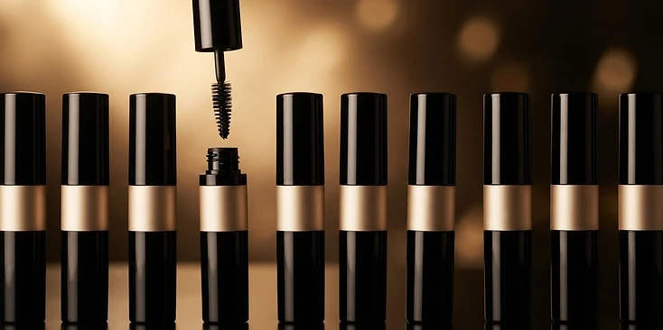 Row of unbranded black mascara tubes with blank gold label areas