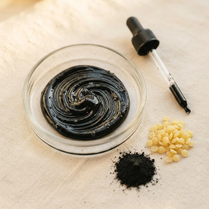 Black mascara formula in a glass dish with pigment powder and beeswax pellets