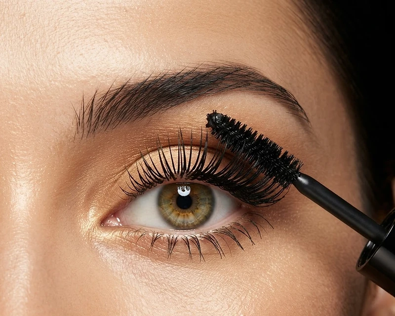 Close-up of a defined eye with tubing-mascara lashes and a mascara wand