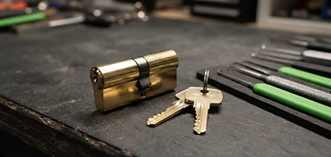 Nieuwe cilinder met sleutels naast slotgereedschap
