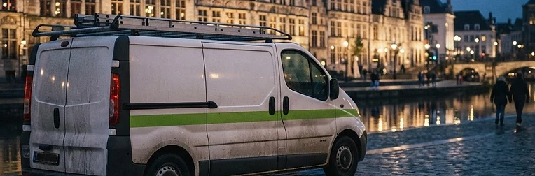 Bestelwagen van de slotenmaker 's avonds in een straat in Gent