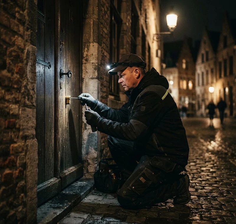 Slotenmaker opent 's nachts schadevrij een cilinderslot aan een voordeur in Gent