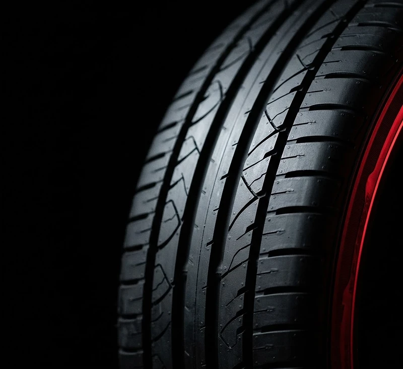 Close studio shot of a new tire's deep black tread with a red light edge