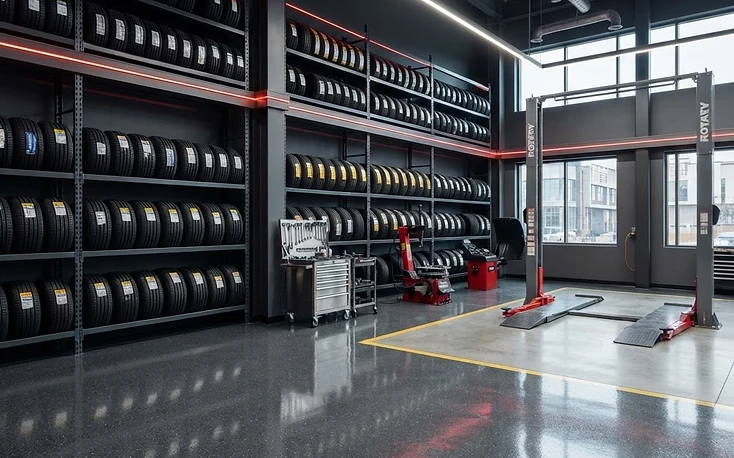 Clean modern tire shop bay with racks of new tires