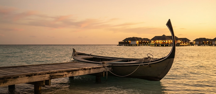 Traditional Maldivian dhoni moored at a wooden jetty during golden-hour sunset
