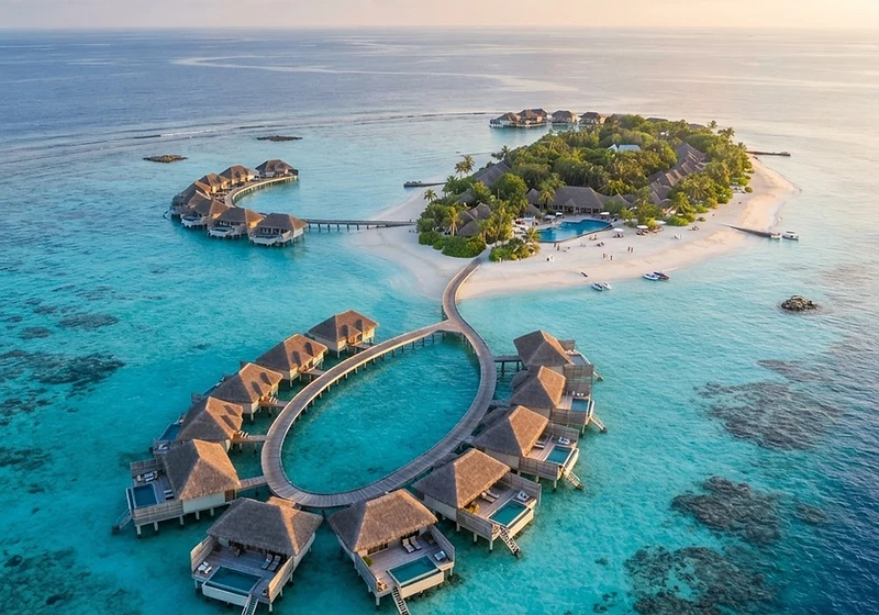 Maldives lagoon with overwater villas