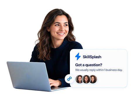 Smiling SkillSplash support team member with a 'Got a question?' chat card