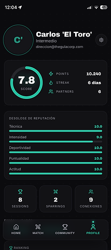 Captura de la app STRYK: Perfil · STRYK Score