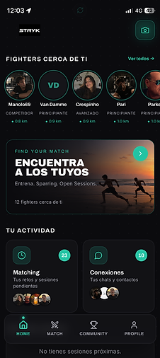 Captura de la app STRYK: Home · Fighters cerca de ti
