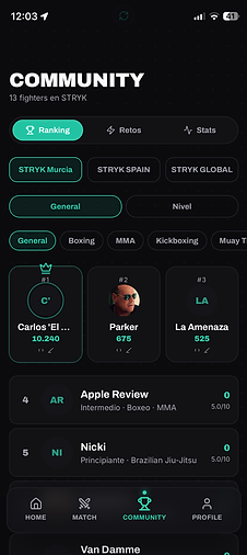 Captura de la app STRYK: Community · Ranking