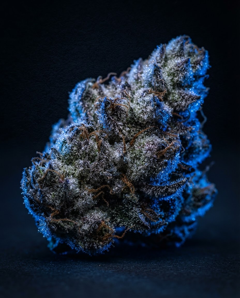 Macro shot of a frosty cannabis flower under cobalt light