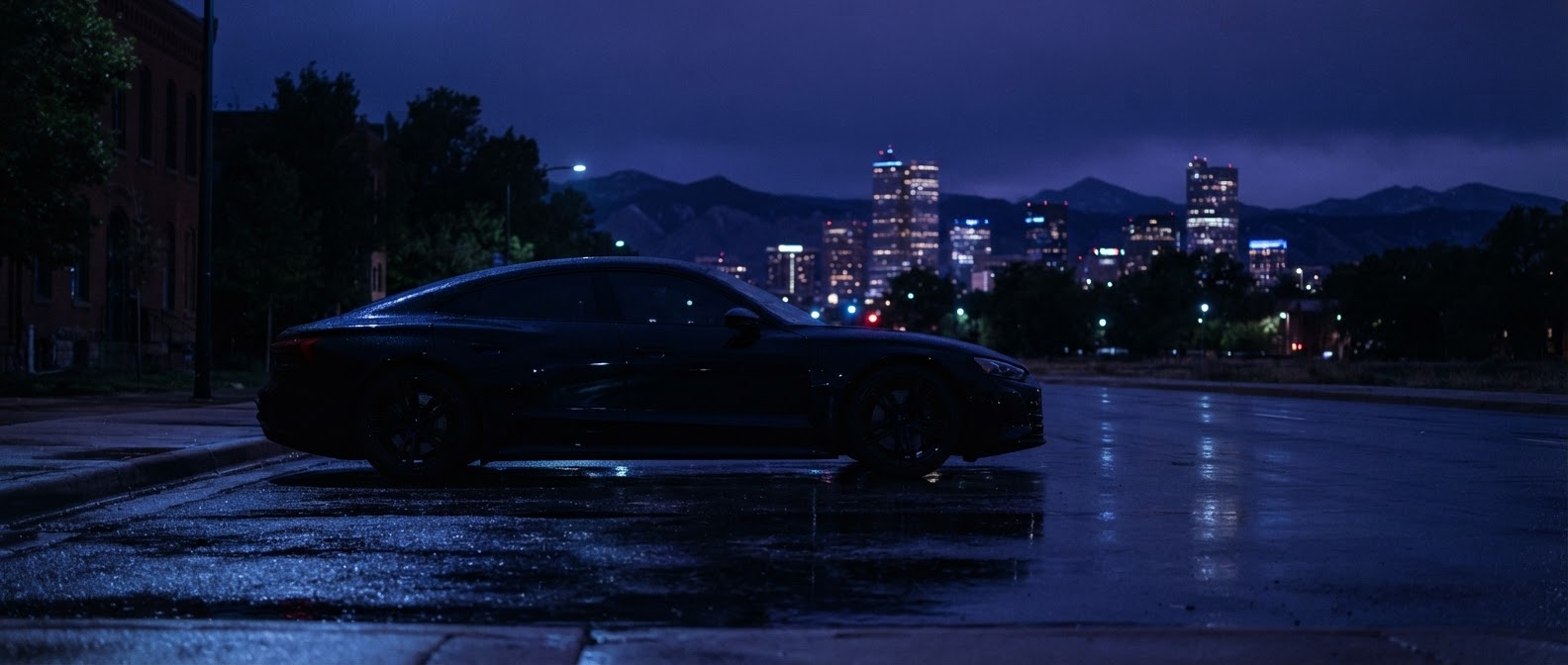 Dark vehicle on a Denver street at night