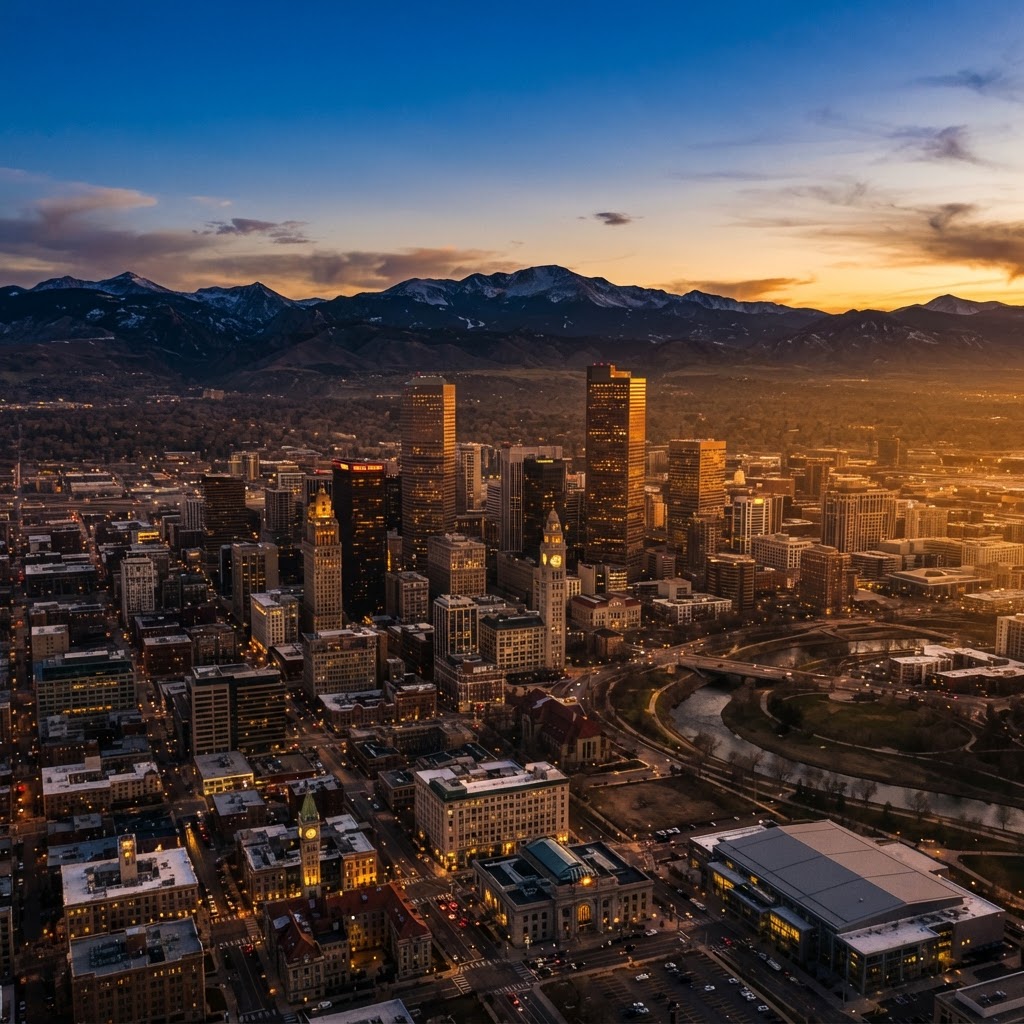 Downtown Denver, Colorado skyline at golden hour