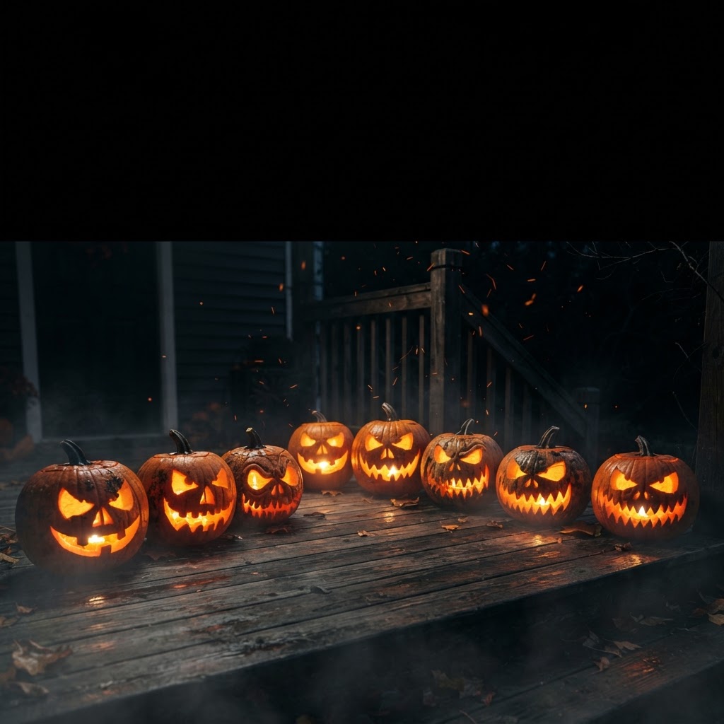 Glowing carved jack-o-lanterns on a dark porch at night