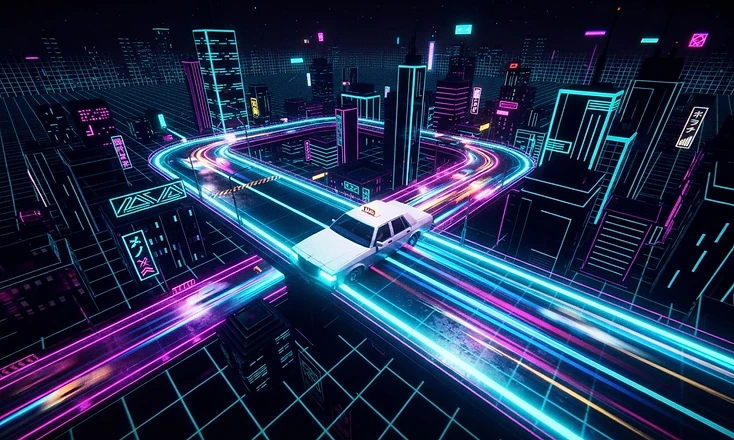 AION Taxi Rush — taksówka w neonowym mieście, widok z góry