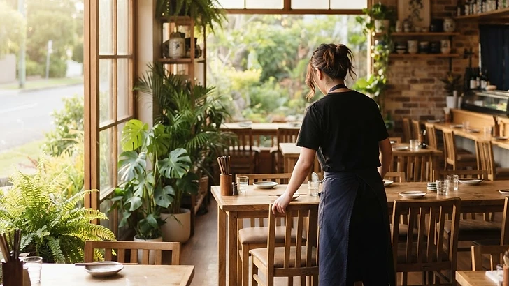 明るい店内で椅子を整えるスタッフの後ろ姿