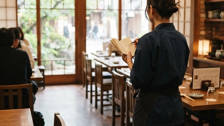 店内で手帳を確認するスタッフの後ろ姿