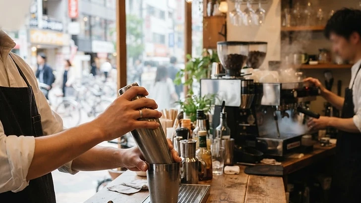 カフェのカウンターでドリンクを作る手元