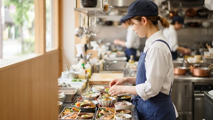 飲食店の厨房で料理を準備するスタッフの様子