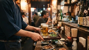 夕方の居酒屋でドリンクを運ぶ手元とカウンター
