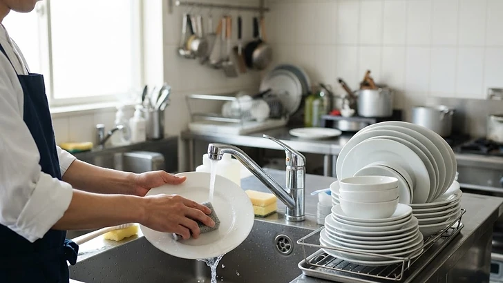清潔な厨房で食器を洗う手元