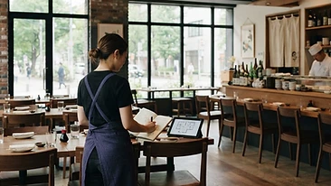 開店前の店内でノートとタブレットを確認する後ろ姿