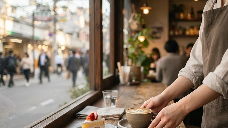 駅前のカフェでコーヒーを置く手元