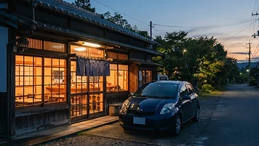 夕暮れの郊外店舗と車での通勤イメージ