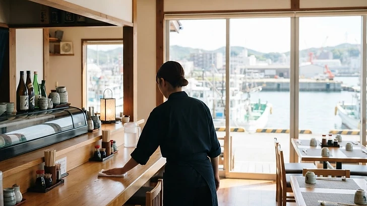 港町の飲食店でカウンターを拭くスタッフの後ろ姿